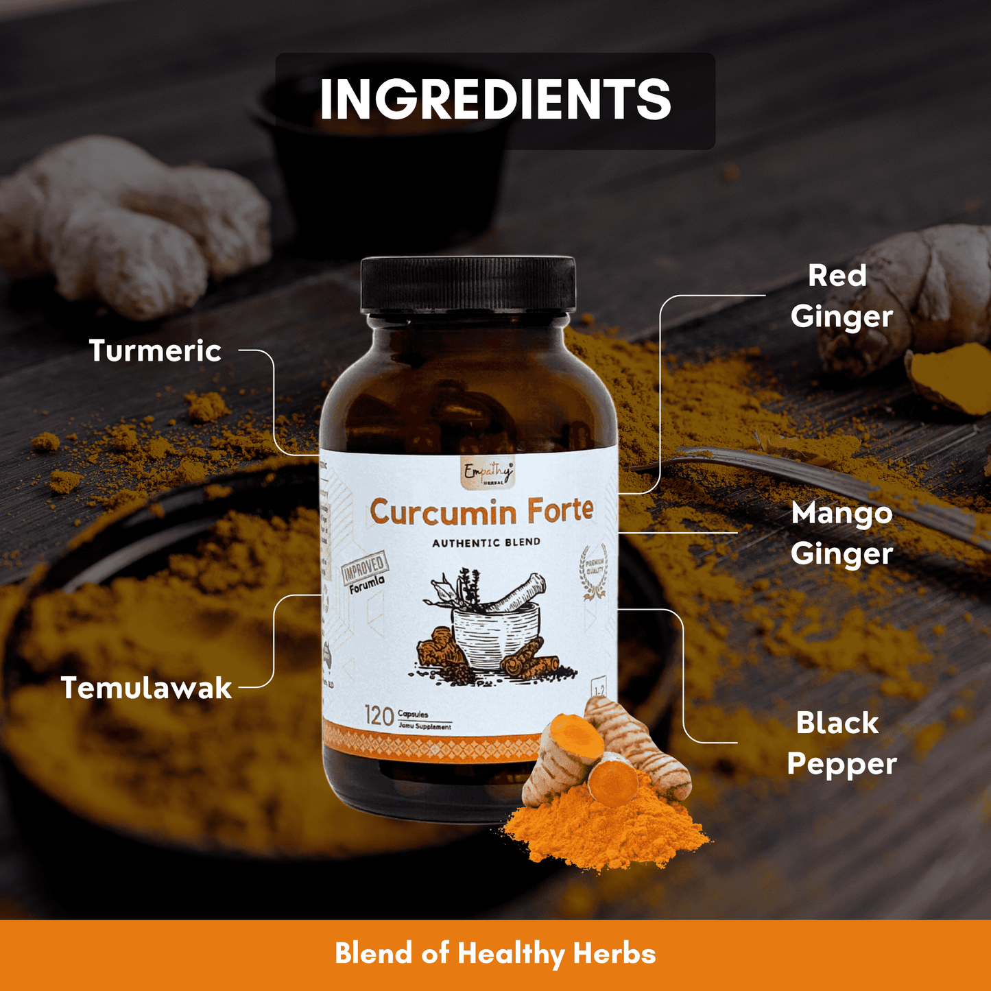 Curcumin Forte supplement bottle with labeled ingredients on a wooden background