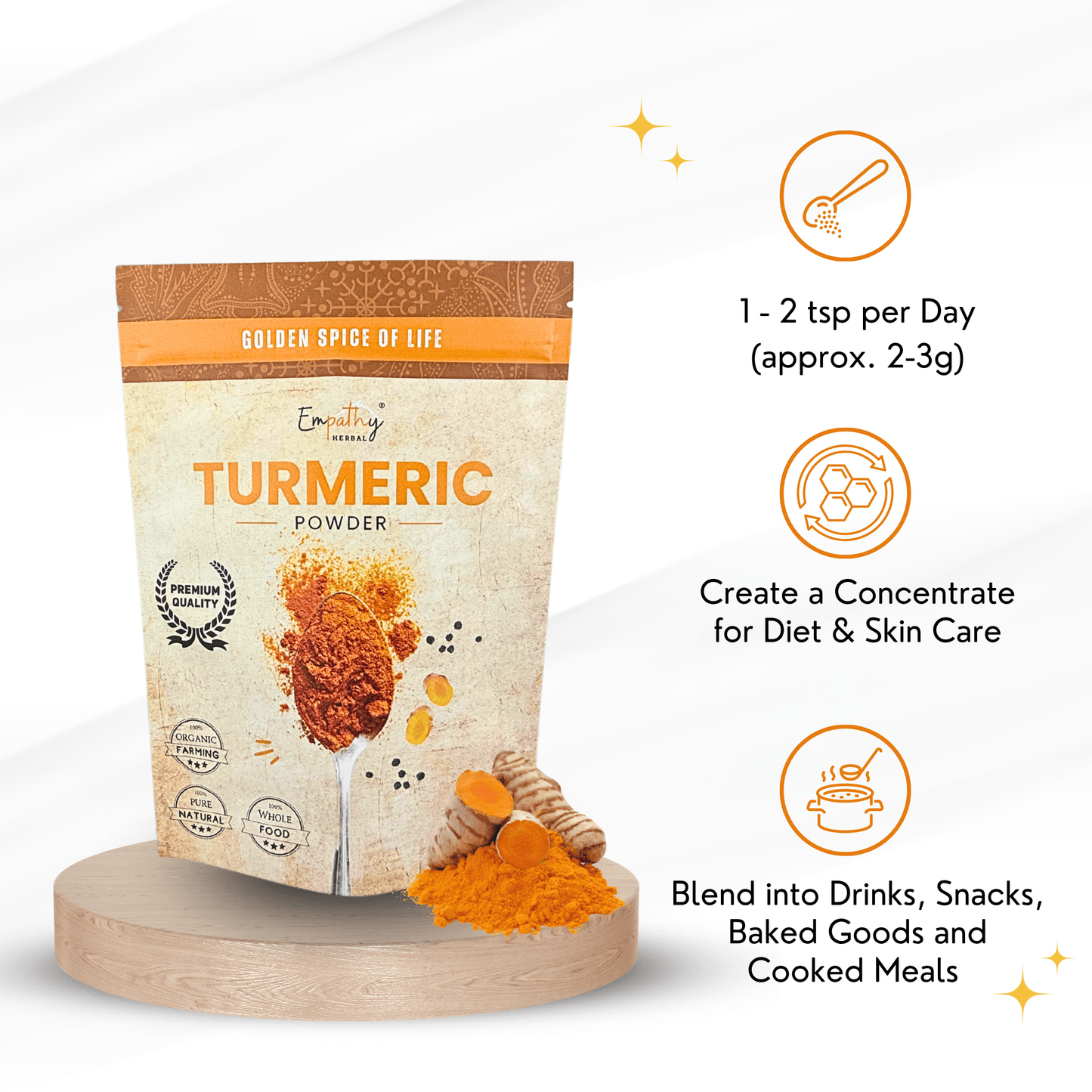Turmeric powder packaging with usage instructions on a white background