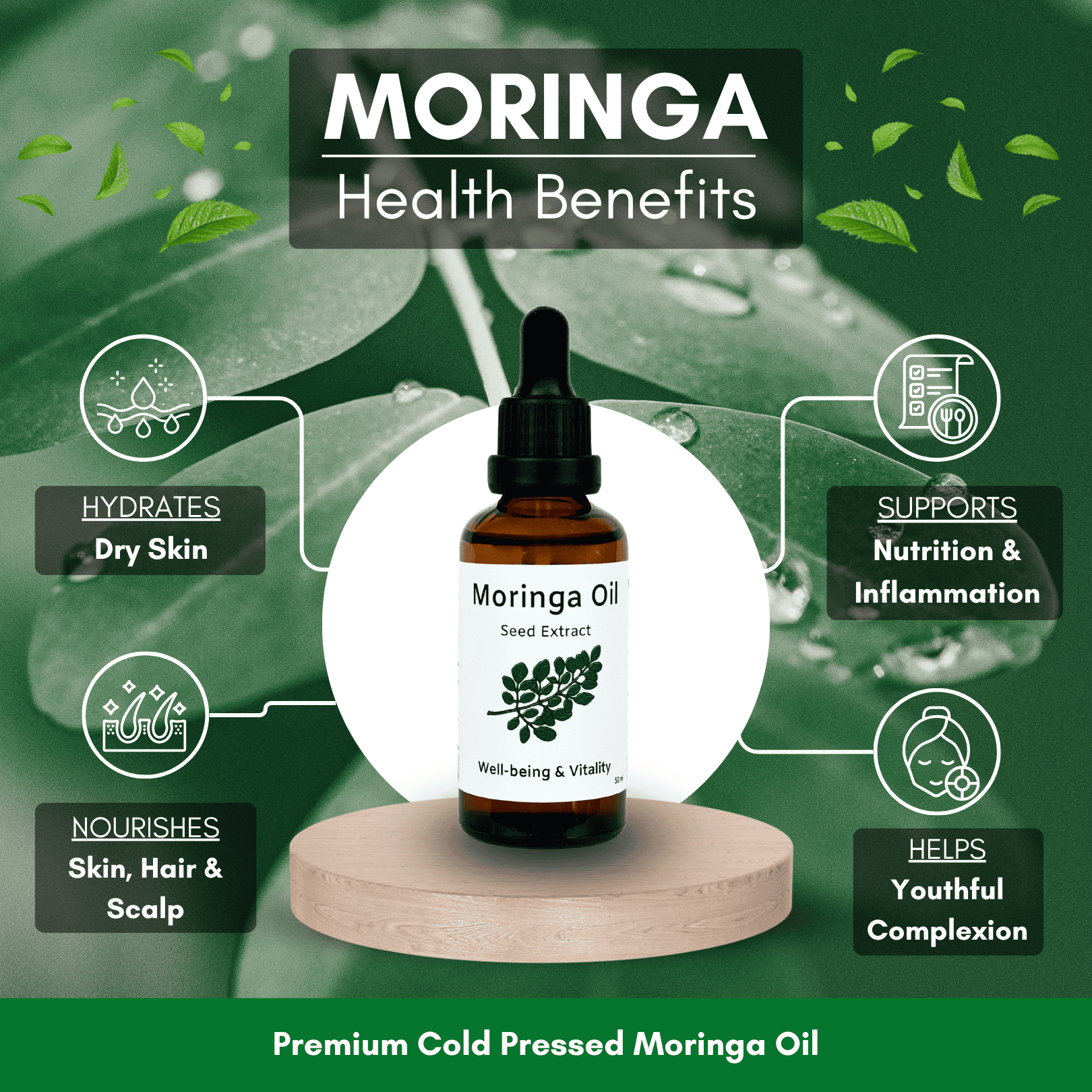 Moringa oil bottle with health benefits on a green background
