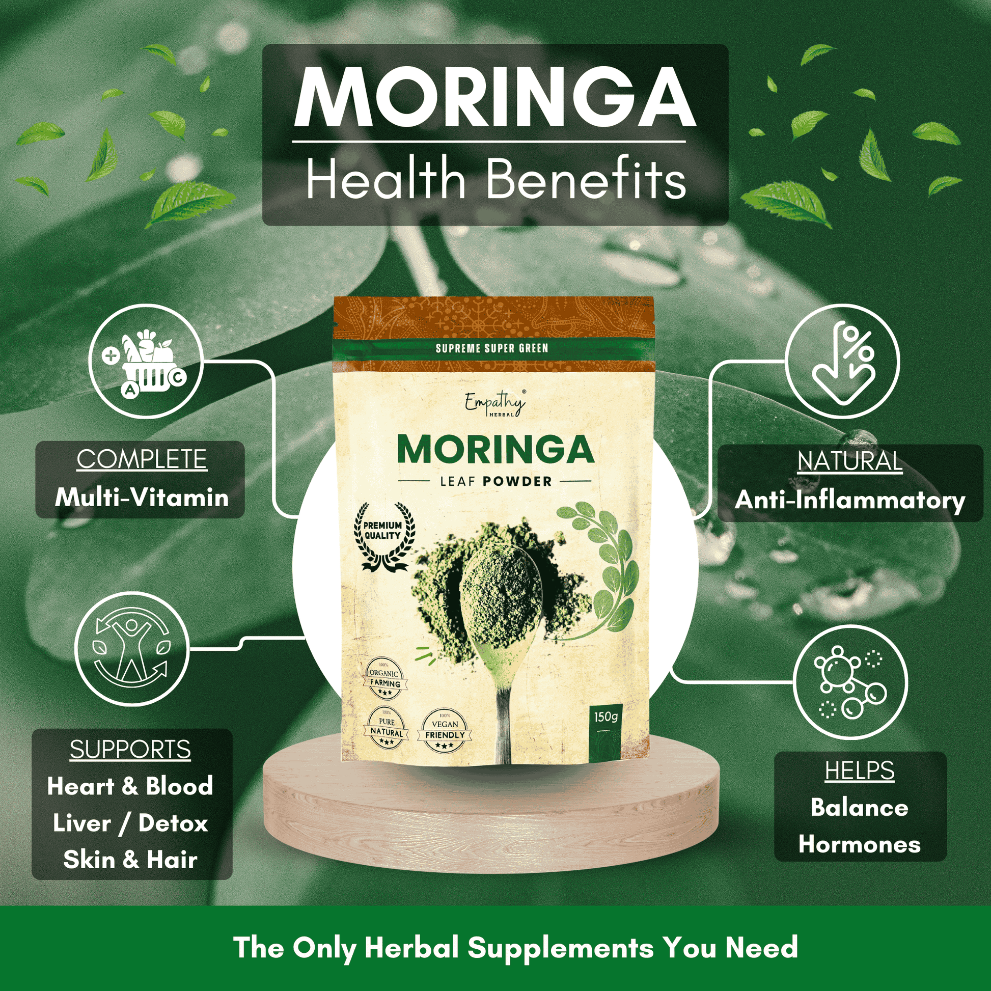 Moringa leaf powder package with health benefits on a green background