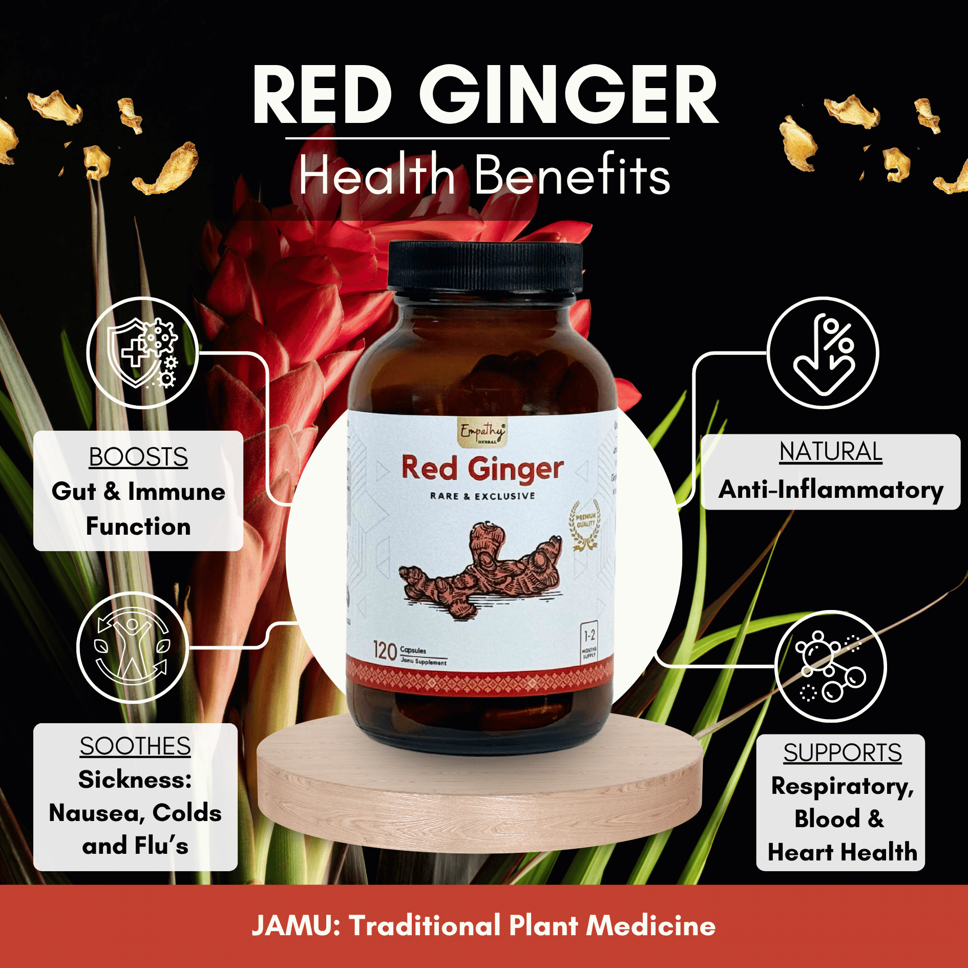 Bottle of Red Ginger with health benefits on a black background