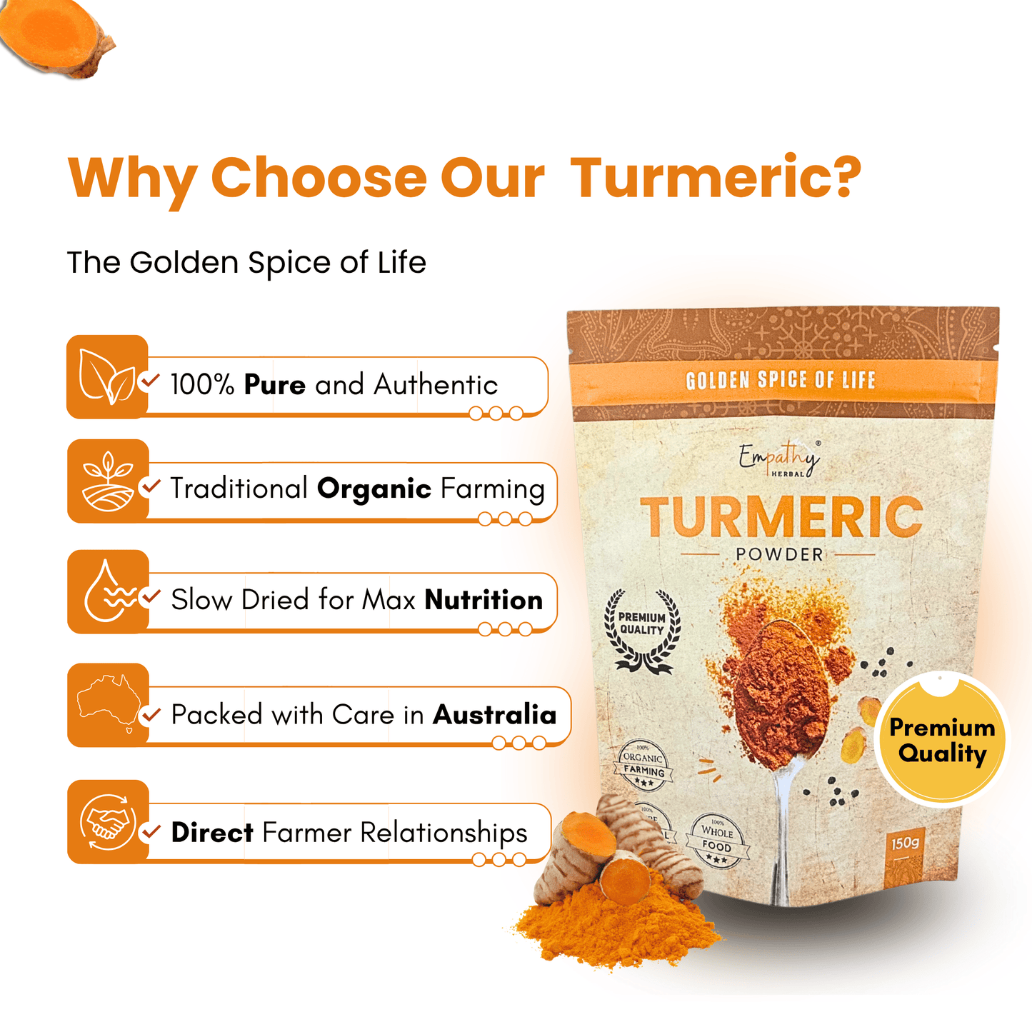 Turmeric powder package with certification labels on a white background