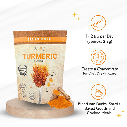 Turmeric powder packaging with usage instructions on a white background