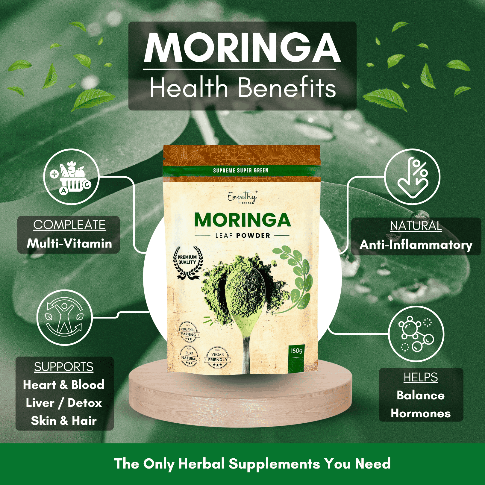 Moringa leaf powder packaging with health benefits on a green background